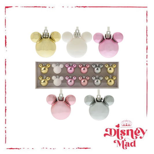 Set of 12 Mini Mickey Baubles Assorted Finishes - Pink and Gold