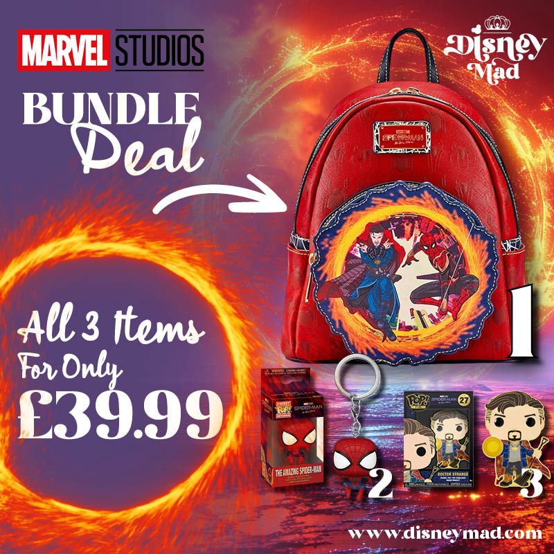 Bundle Deal 2 - Loungefly Marvel Spider-Man Portal Backpack Spiderman No Way Home, Dr Stange Enamel Pin & Spider-Man Pocket Pop Keychain