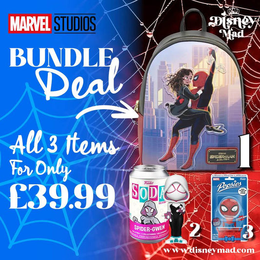 Bundle Offer 3 - Loungefly Marvel Spider-Man: No Way Home MJ & Spider-Man Mini Backpack, Spider-Man Popsies Vinyl Figure & Spider Gwen Soda