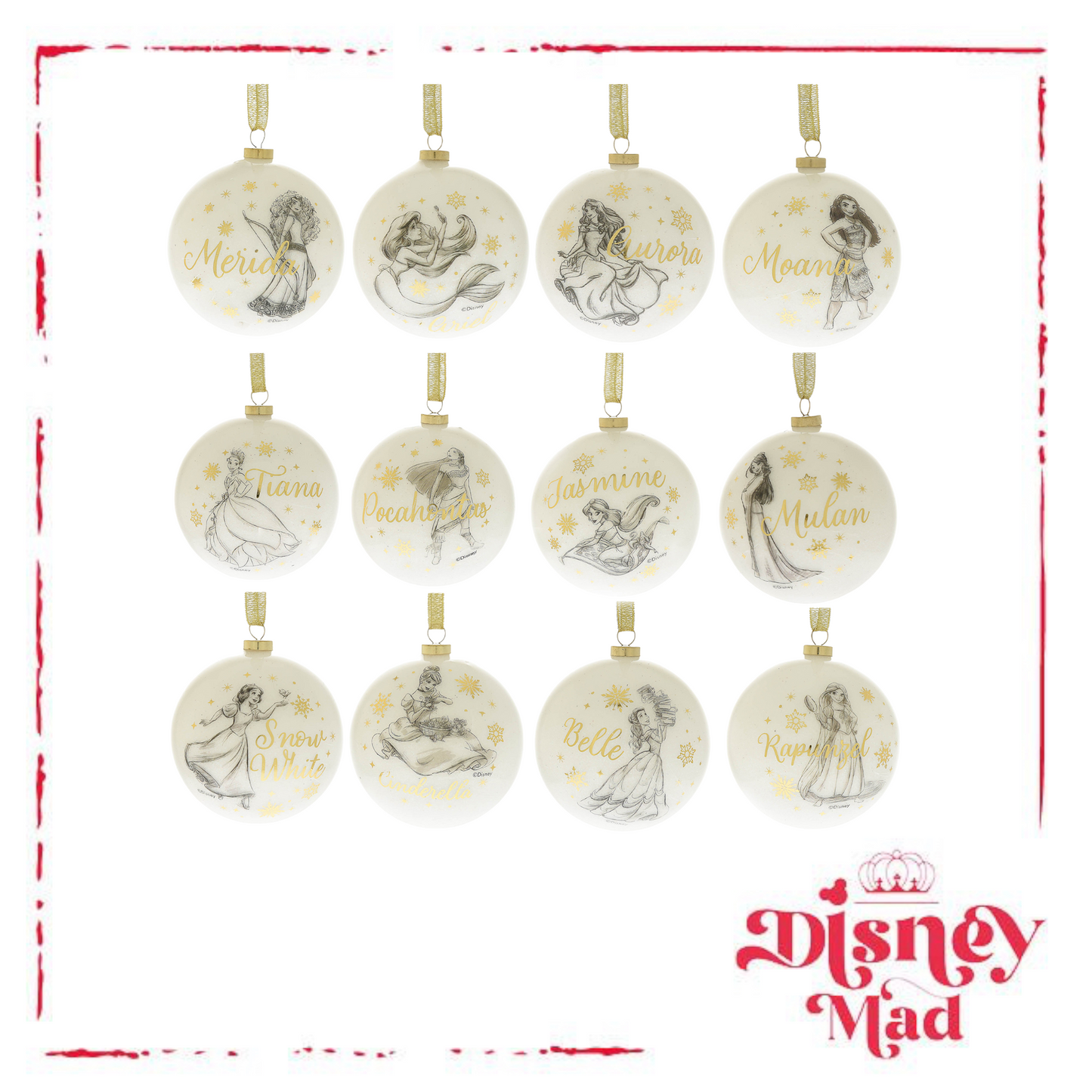 Disney Set of 12 Princess Acrylic Glitter Baubles