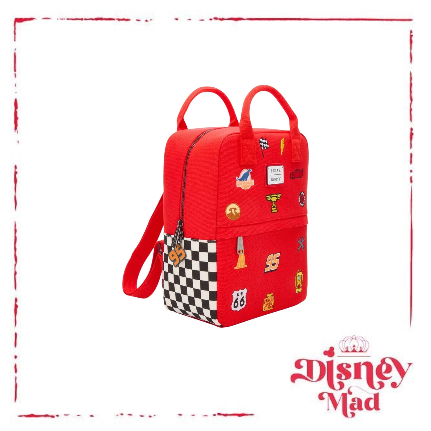 Loungefly Disney Pixar Cars Lightning McQueen Embroidered Patches Canvas Mini Backpack - BoxLunch Exclusive