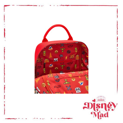 Loungefly Disney Pixar Cars Lightning McQueen Embroidered Patches Canvas Mini Backpack - BoxLunch Exclusive