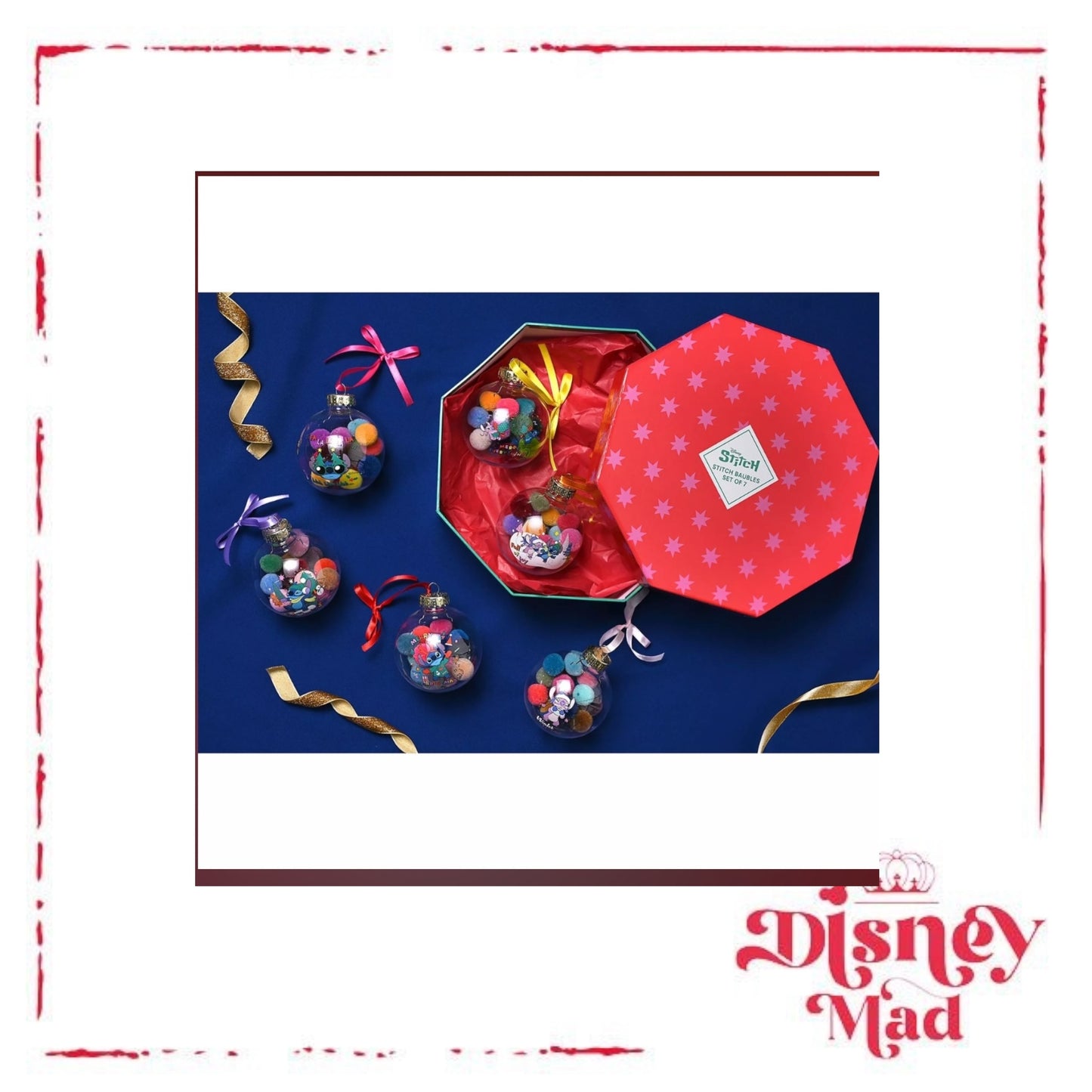 Disney Set Of 7 Baubles With Gift Box -Stitch With Pom Pots