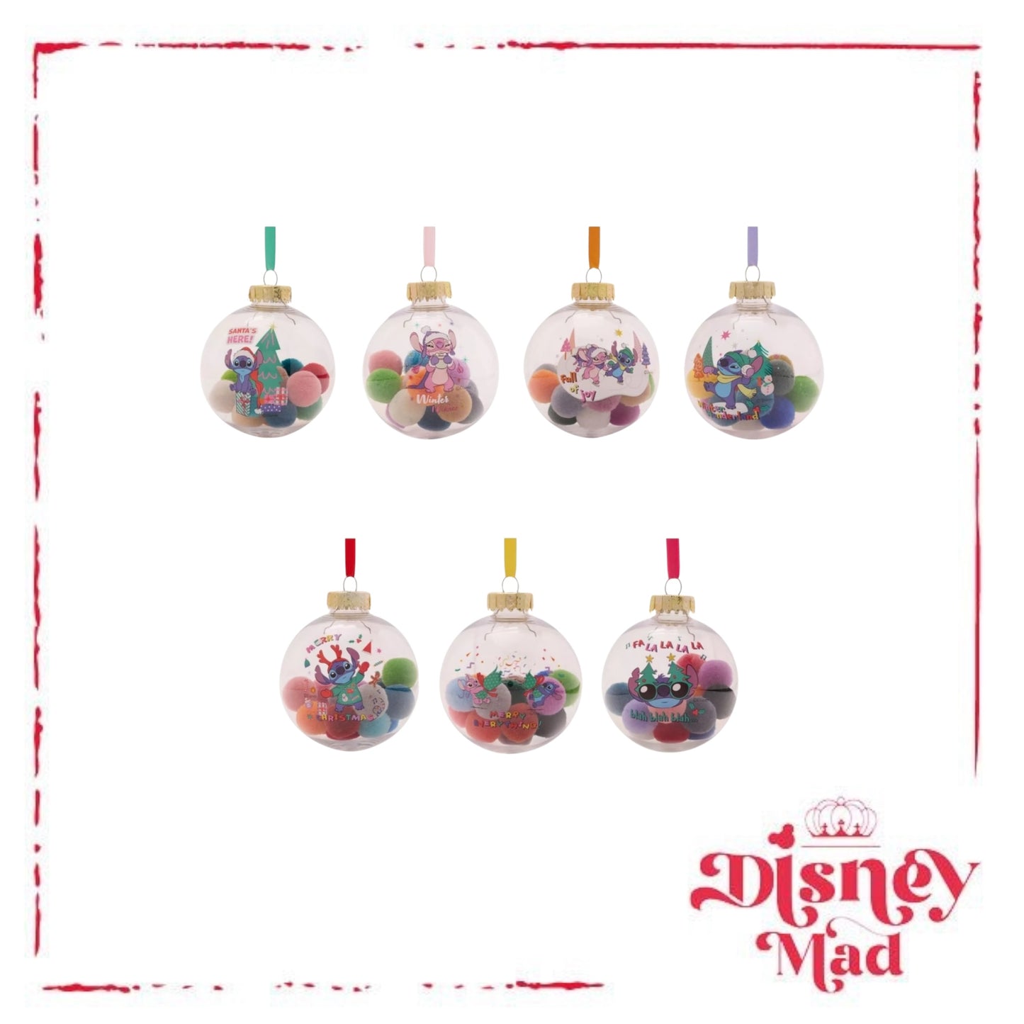 Disney Set Of 7 Baubles With Gift Box -Stitch With Pom Pots