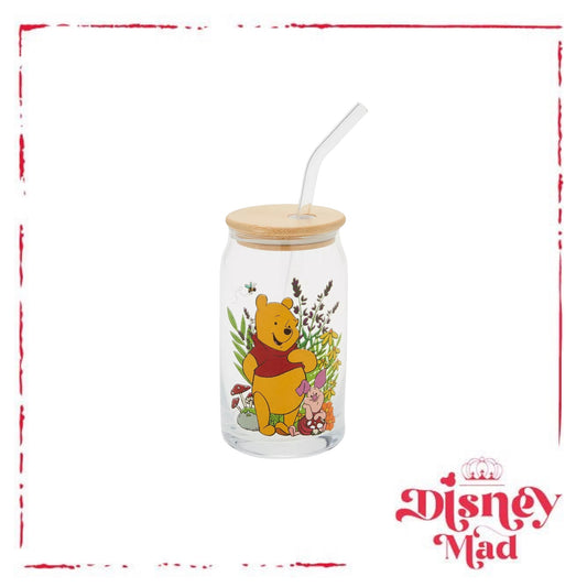 Disney Winnie the Pooh Floral Glass Cup with Straw