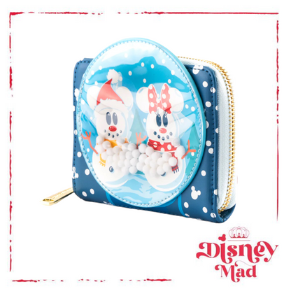 Disney Loungefly Snowman Mickey And Minnie Snow Globe Zip Around Wallet