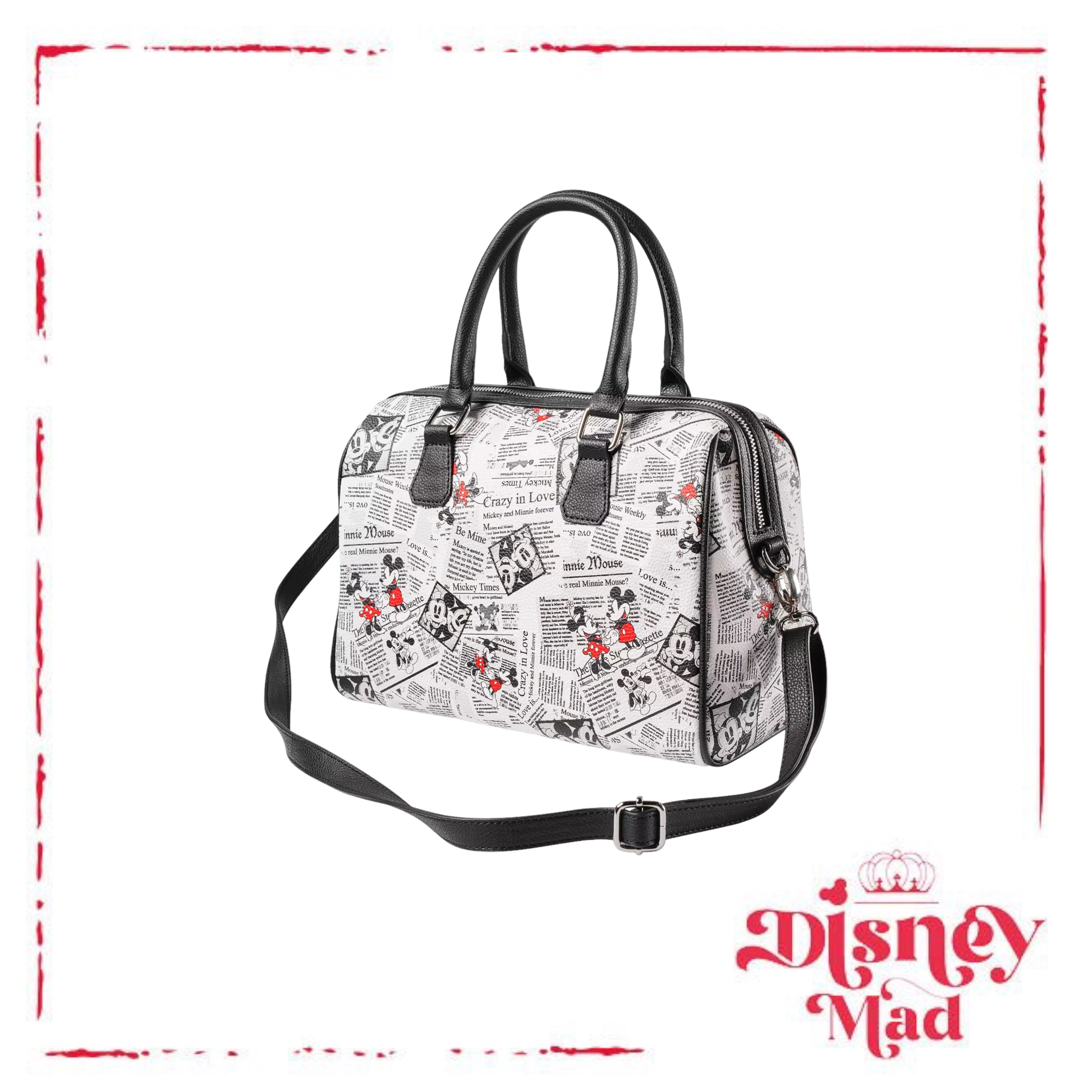 Disney Parks Mickey Minnie Mouse Crazy in Love Newspaper Print Handbag Purse